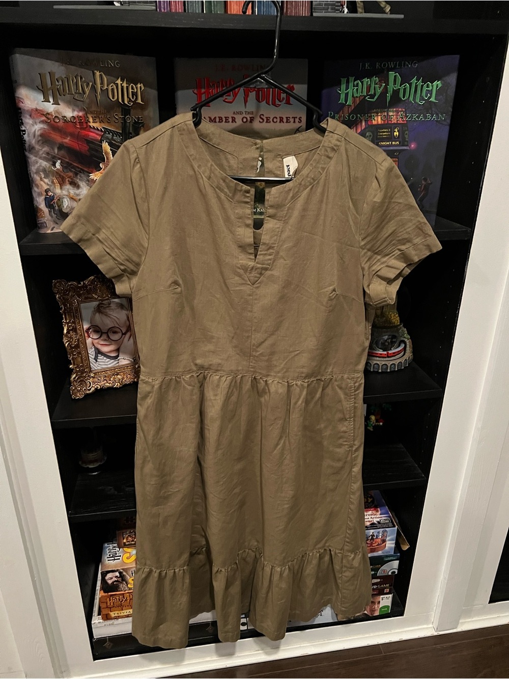 Pact Olive V-Neck Short Sleeve Dress